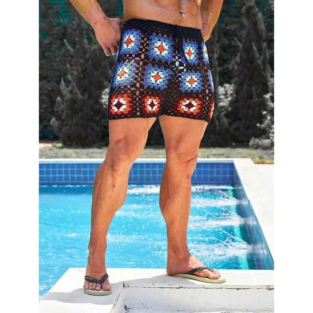 NEW Shein Manfinity RSRT Mens Floral Crochet Drawstring Waist Shorts Black Small